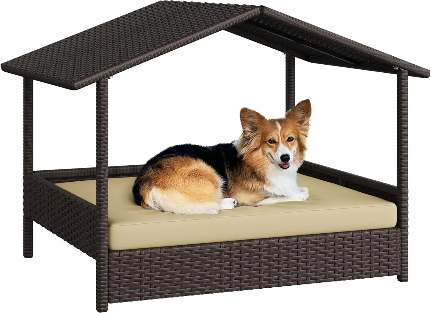 Wicker Dog House Outdoor Indoor with Canopy