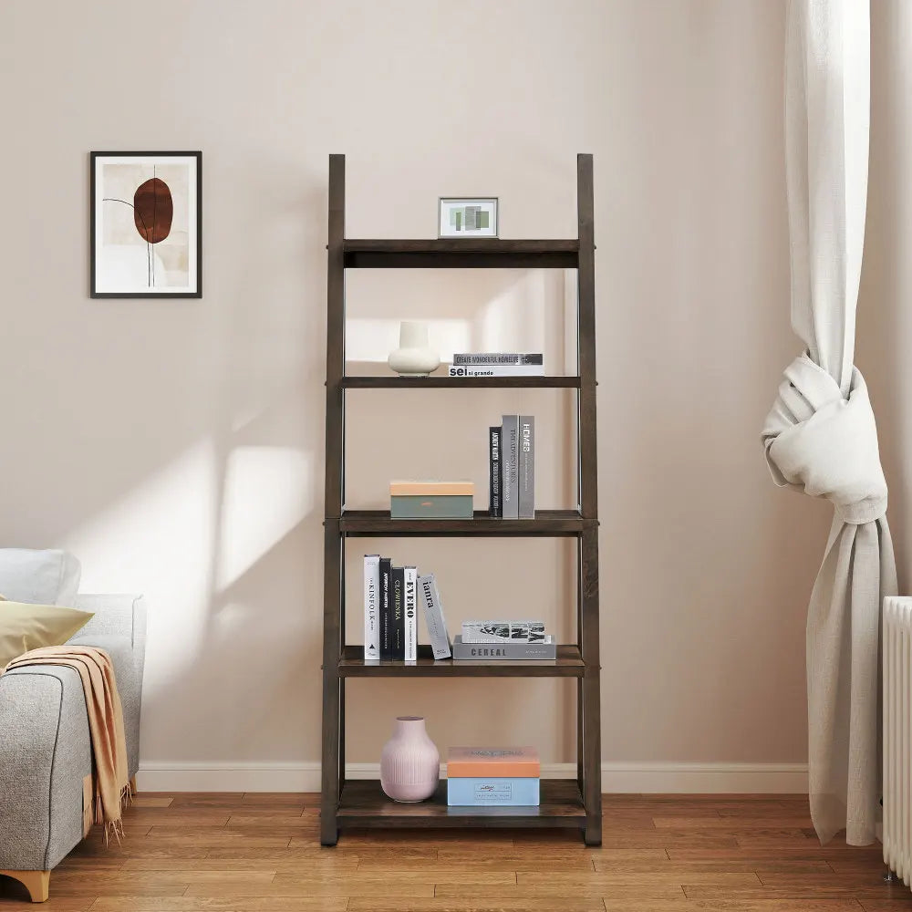 5-Tier Ladder Bookshelf, Wood Frame