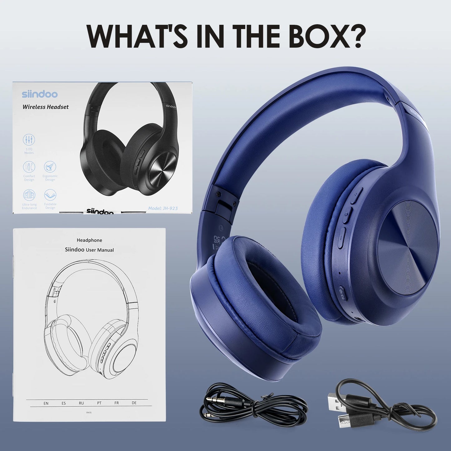 Blue Foldable Over the Ear Bluetooth Headphones with Mic
