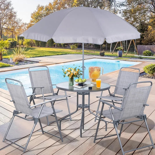 6 Pieces Folding, Garden Patio Furniture Set w/Umbrella,