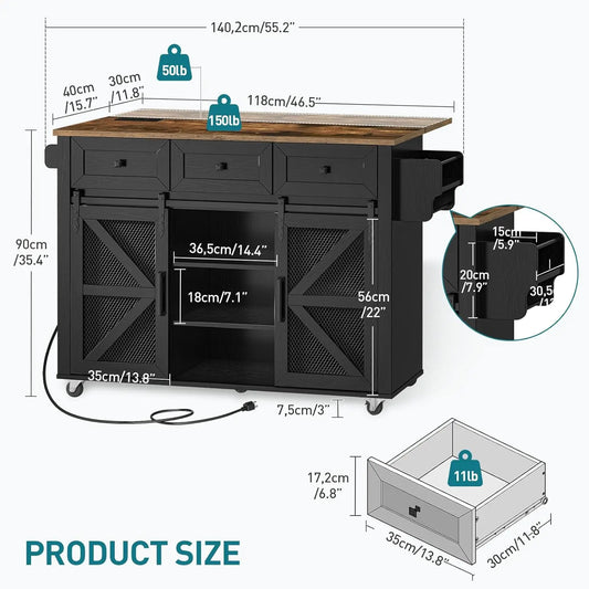 Rolling Kitchen Island - Farmhouse Black/Rustic Brown