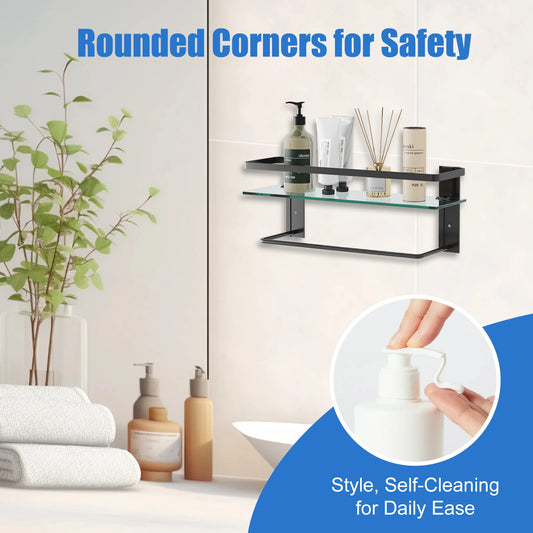 15.7" Glass Bathroom Shelf with Towel Bar Rustproof