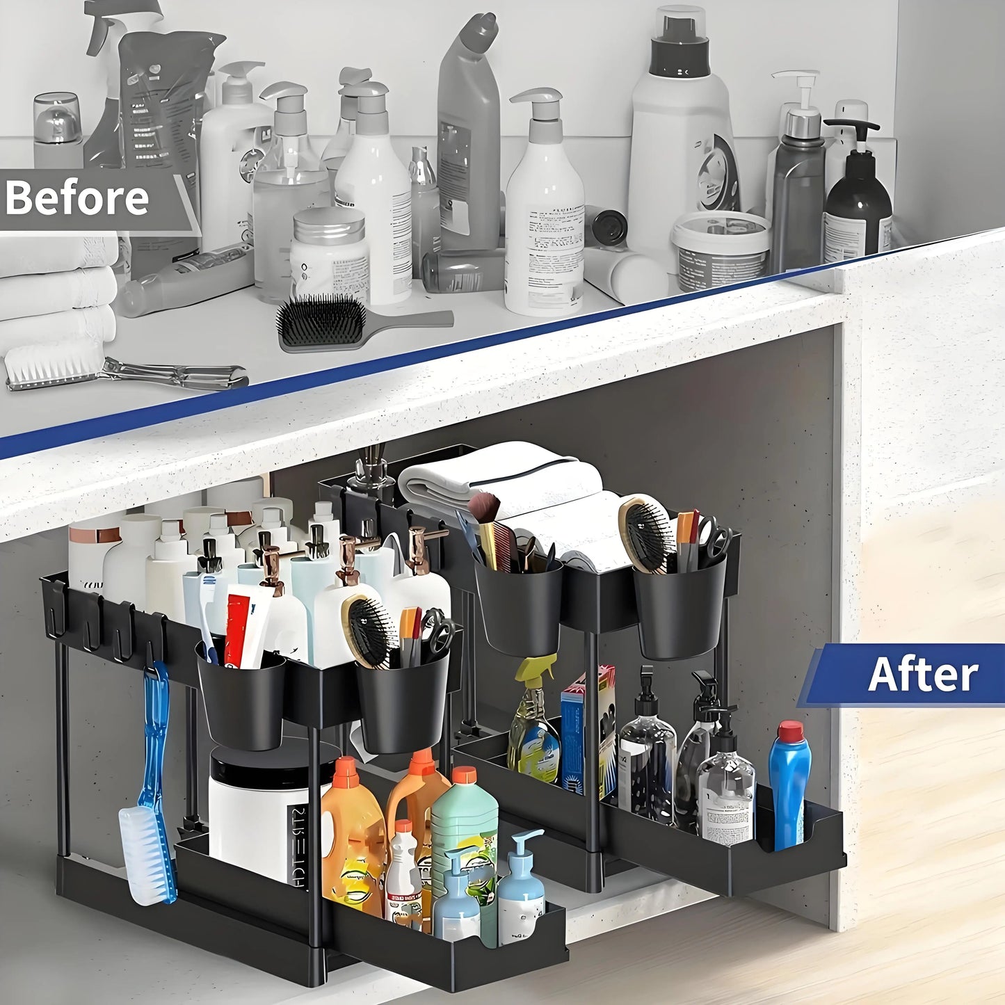 2-Pack Modular Under Sink Shelves - Adjustable Steel Organizer