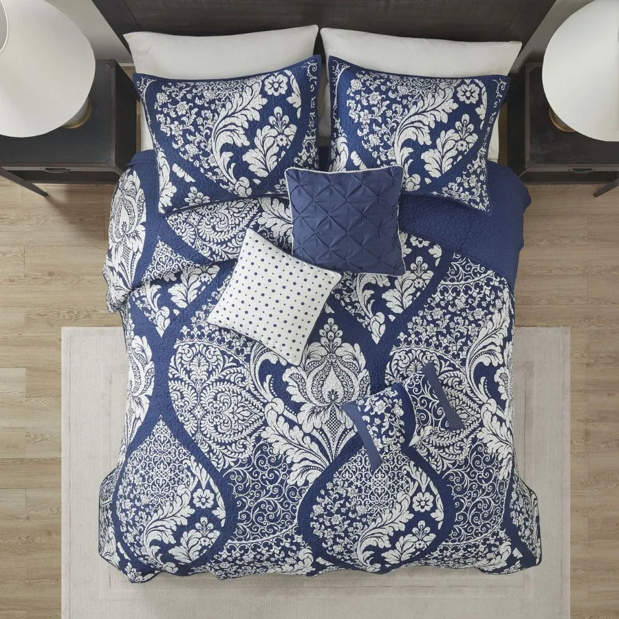 6 pc Quilt Set with Throw Pillows - Indigo