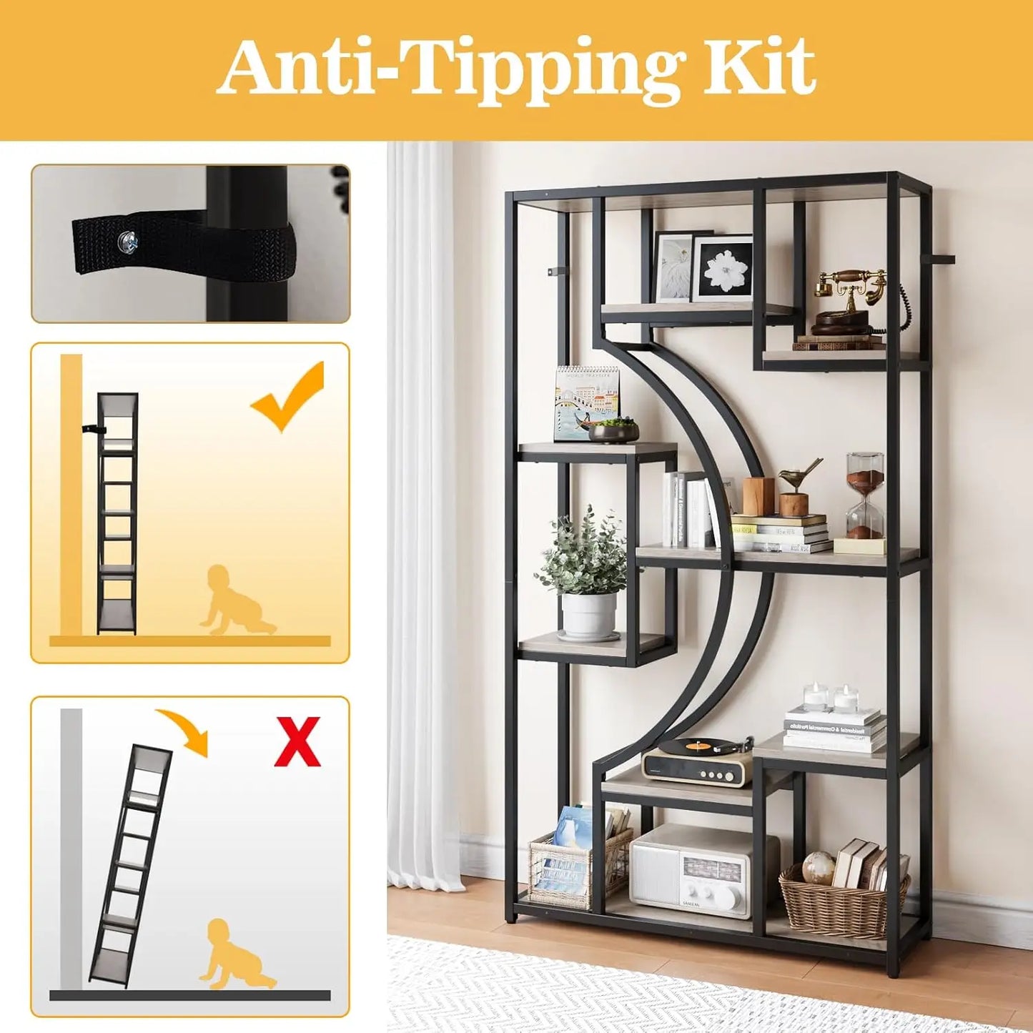 70.8" Geometric Display/Bookshelf. 18 Open Shelves