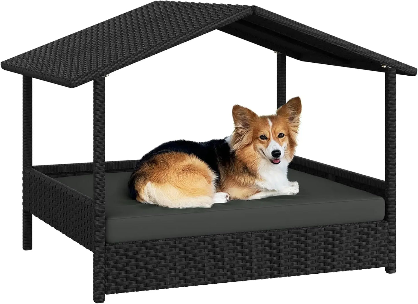 Wicker Dog House Outdoor Indoor with Canopy