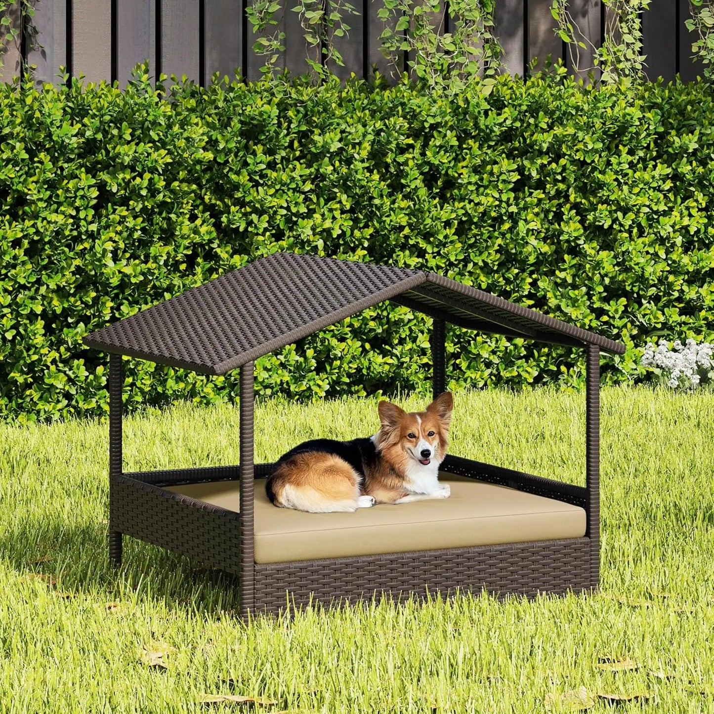 Wicker Dog House Outdoor Indoor with Canopy
