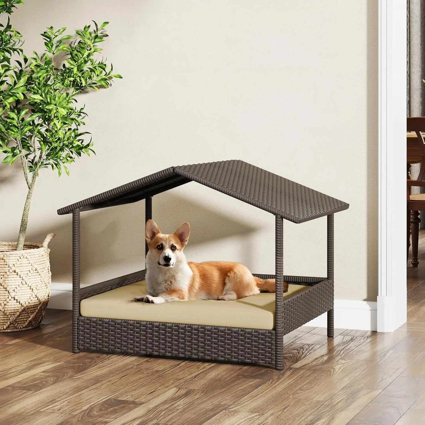 Wicker Dog House Outdoor Indoor with Canopy