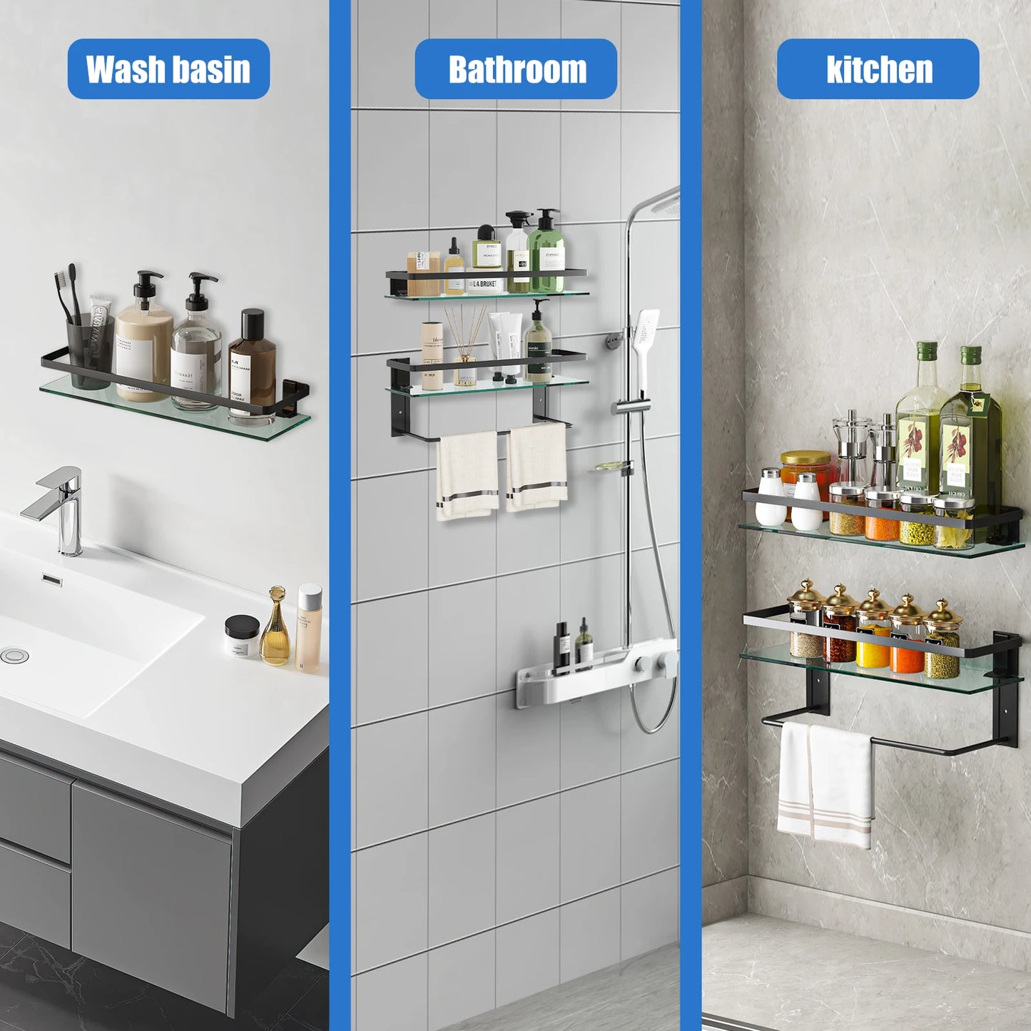 15.7" Glass Bathroom Shelf with Towel Bar Rustproof