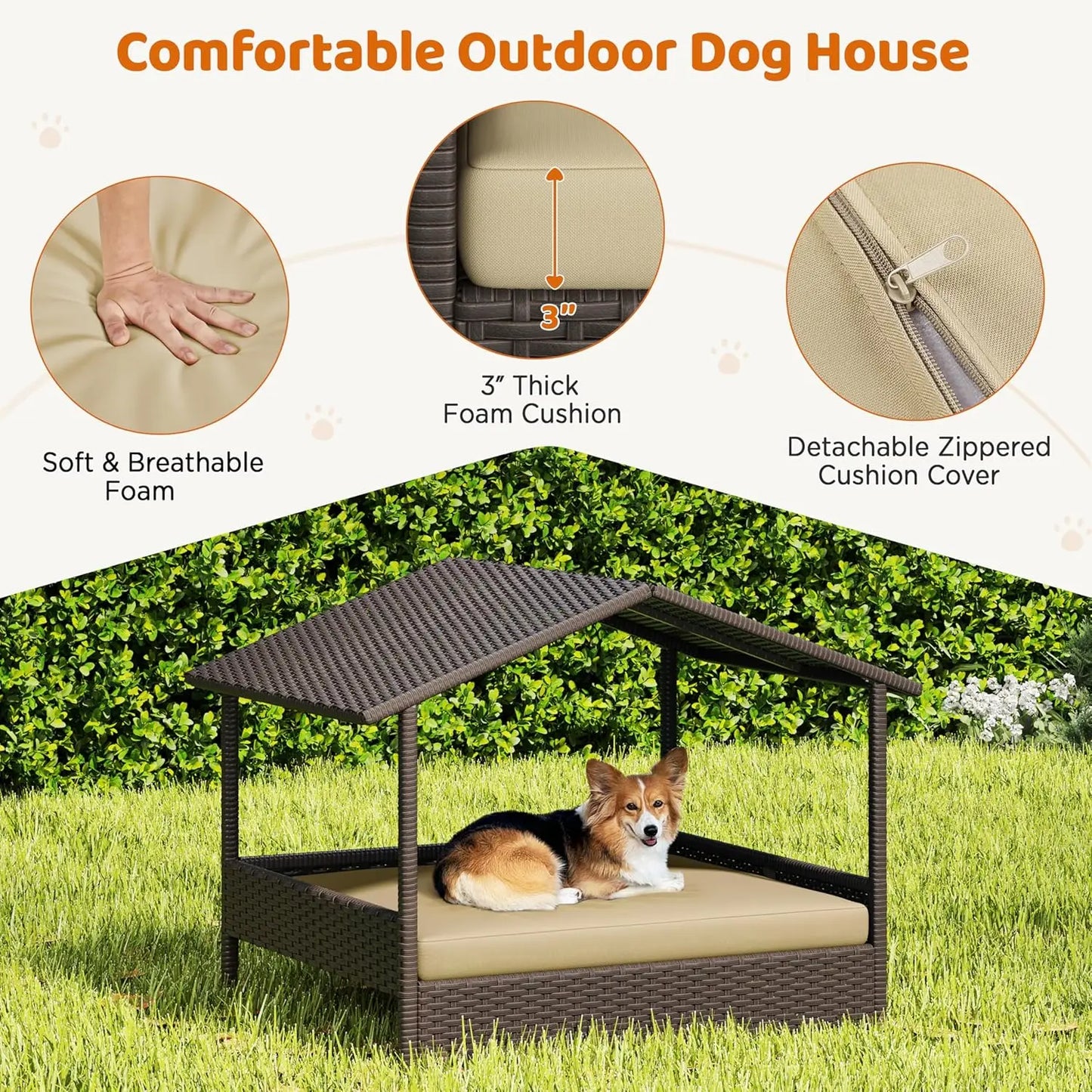 Wicker Dog House Outdoor Indoor with Canopy