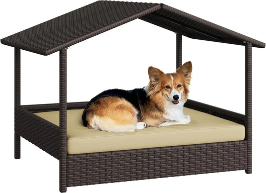 Wicker Dog House Outdoor Indoor with Canopy