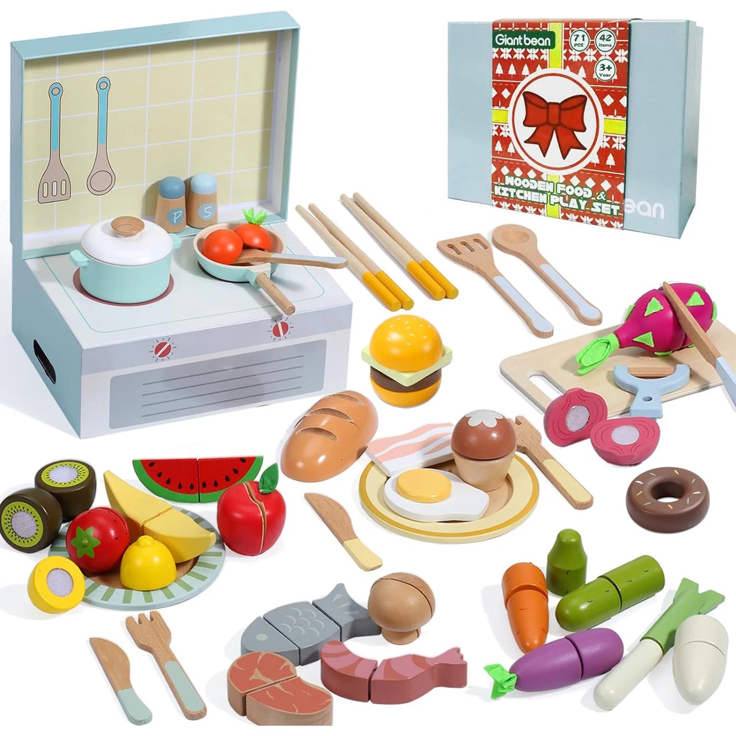 Wooden Play Food Set/Kitchen Accessories, 78PCS