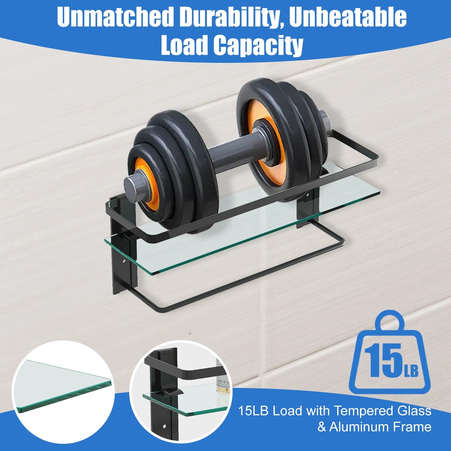 15.7" Glass Bathroom Shelf with Towel Bar Rustproof