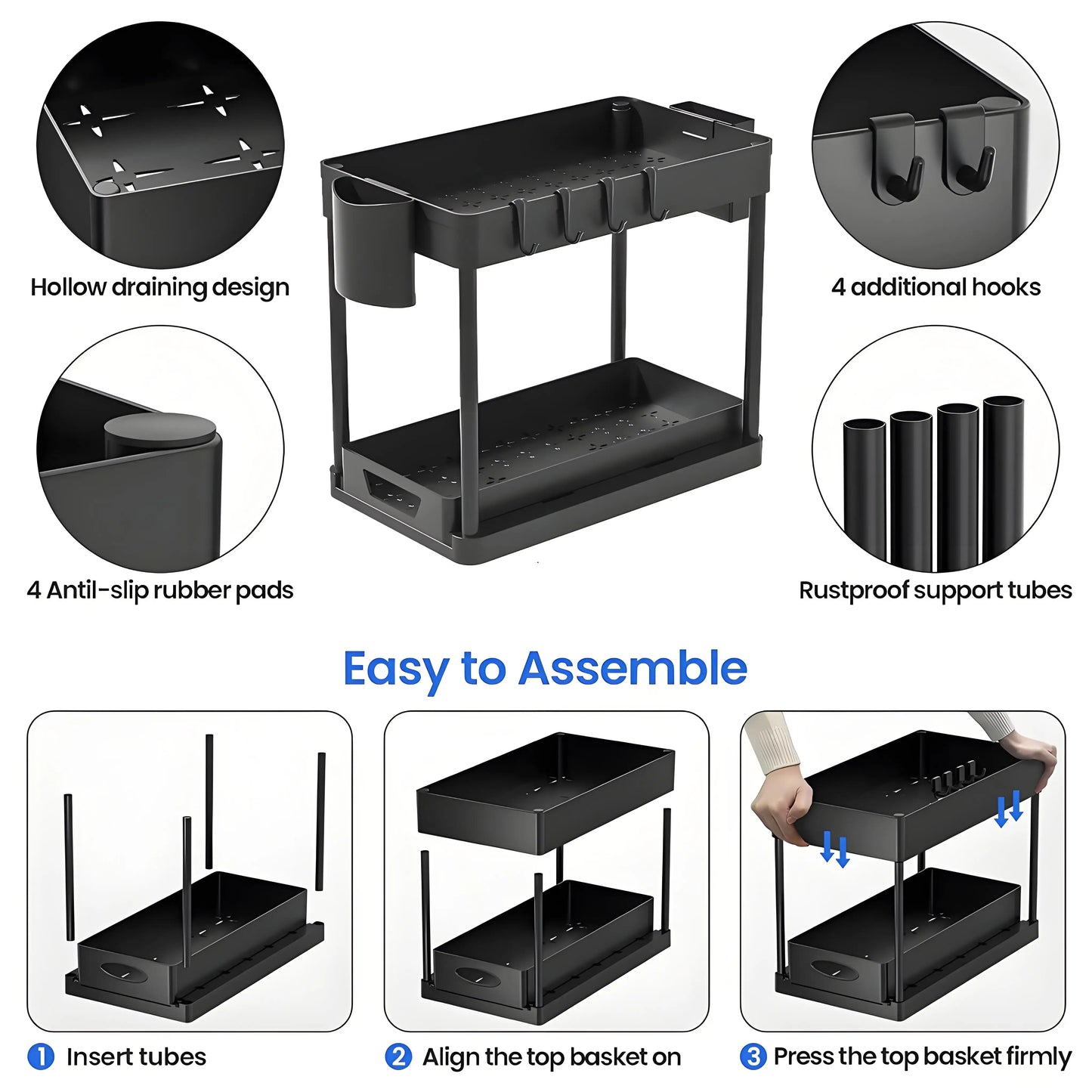 2-Pack Modular Under Sink Shelves - Adjustable Steel Organizer