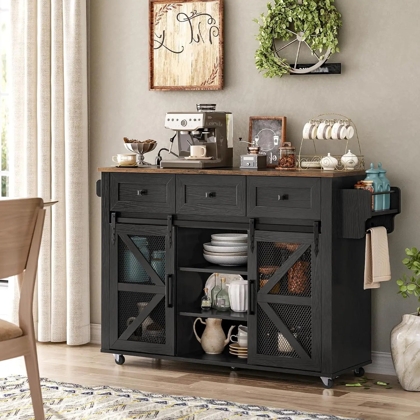 Rolling Kitchen Island - Farmhouse Black/Rustic Brown