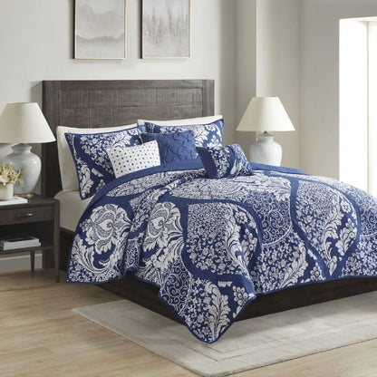 6 pc Quilt Set with Throw Pillows - Indigo