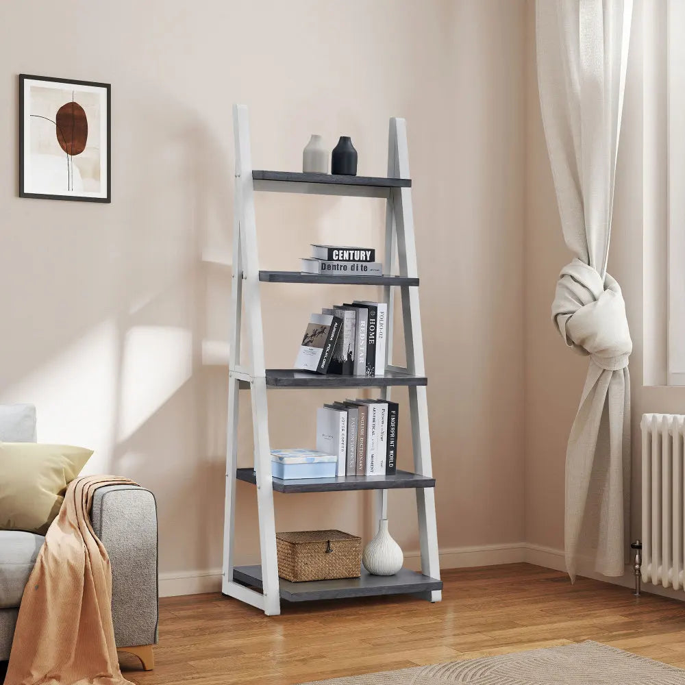 5-Tier Ladder Bookshelf, Wood Frame