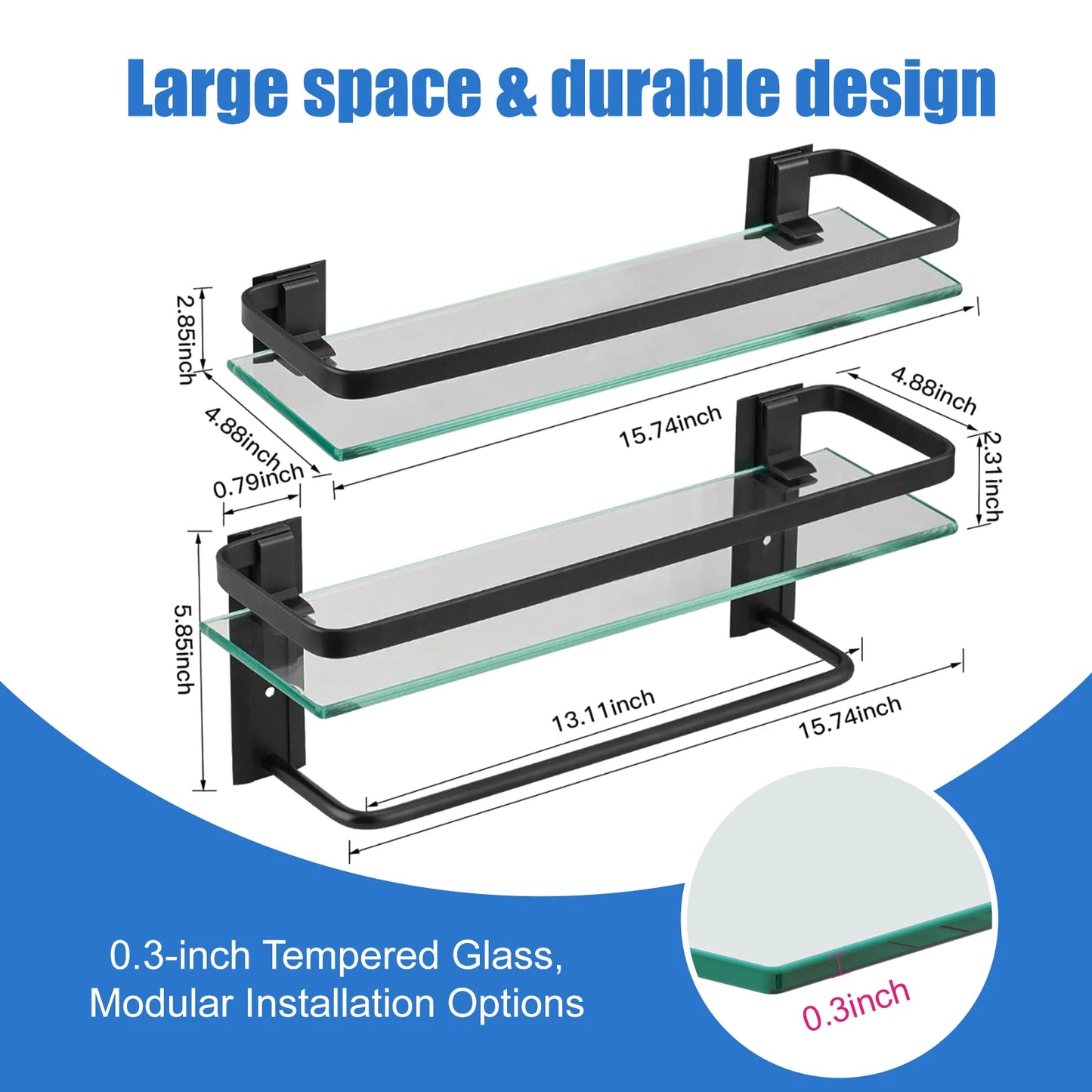 15.7" Glass Bathroom Shelf with Towel Bar Rustproof