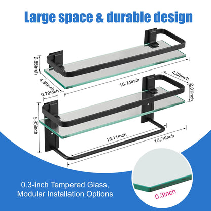 15.7" Glass Bathroom Shelf with Towel Bar Rustproof