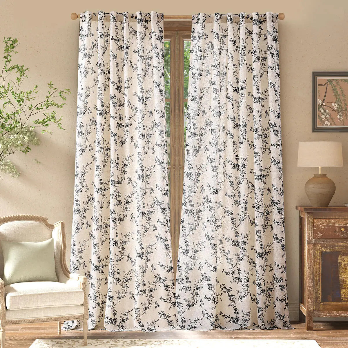 2 Panels Linen Curtains Living Room
