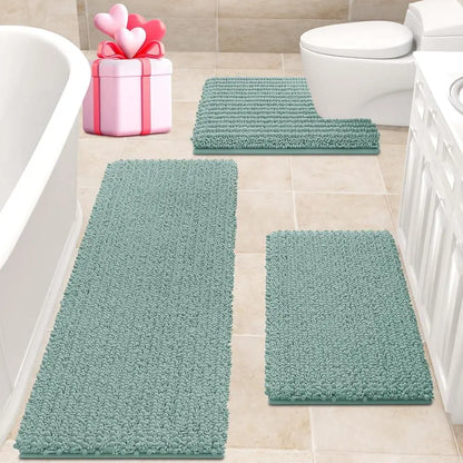 Chenille Bathroom Rug Set, Non-Slip Absorbent 3 Piece