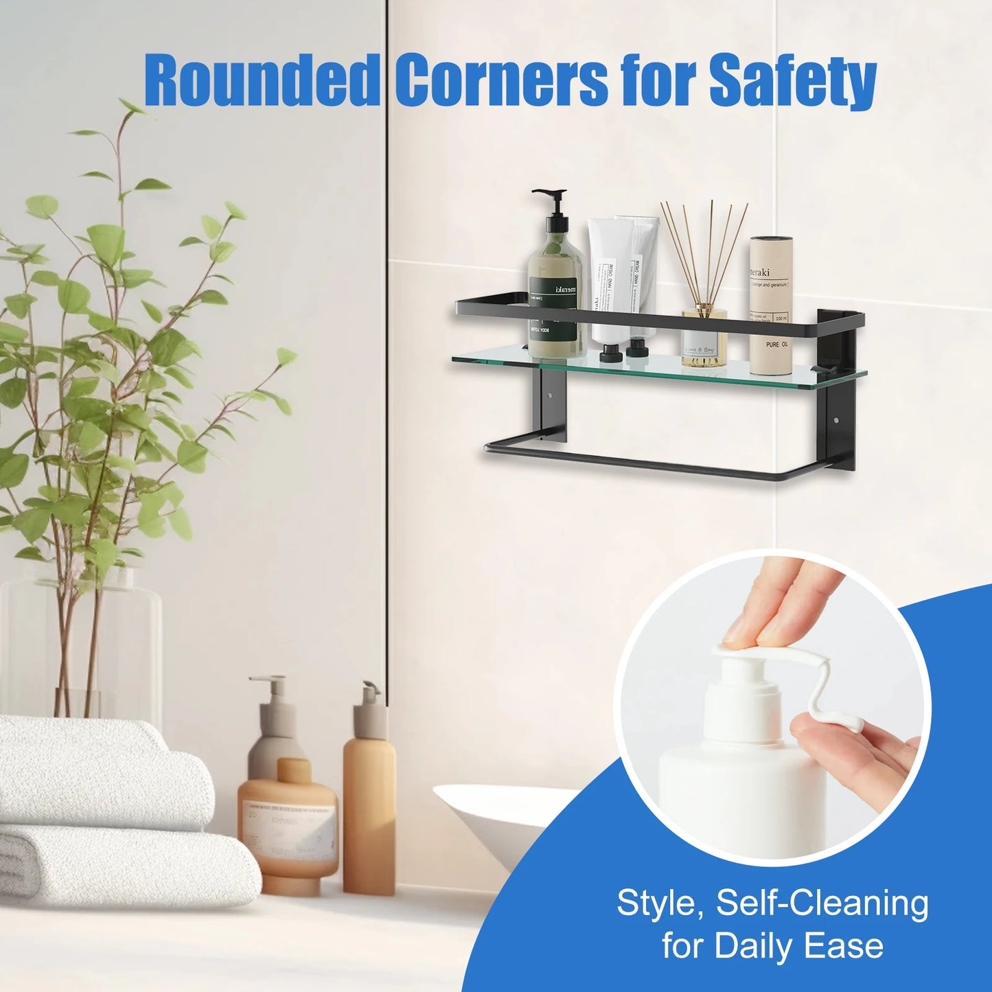 15.7" Glass Bathroom Shelf with Towel Bar Rustproof