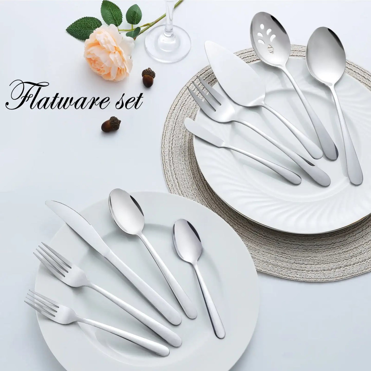 65 Pcs Silverware Set, serving for 12, 5 Pcs Serving Set