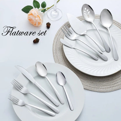 65 Pcs Silverware Set, serving for 12, 5 Pcs Serving Set