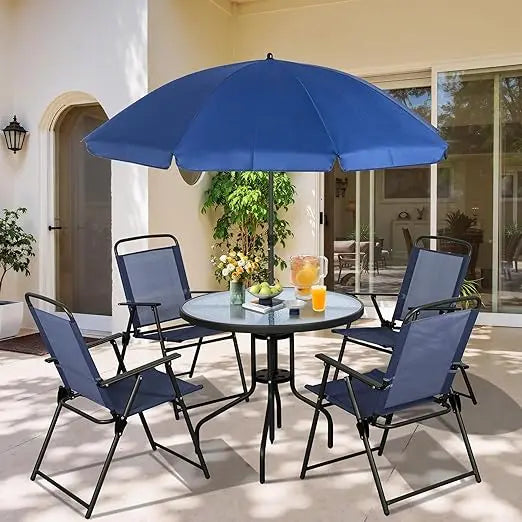 6 Pieces Folding, Garden Patio Furniture Set w/Umbrella,