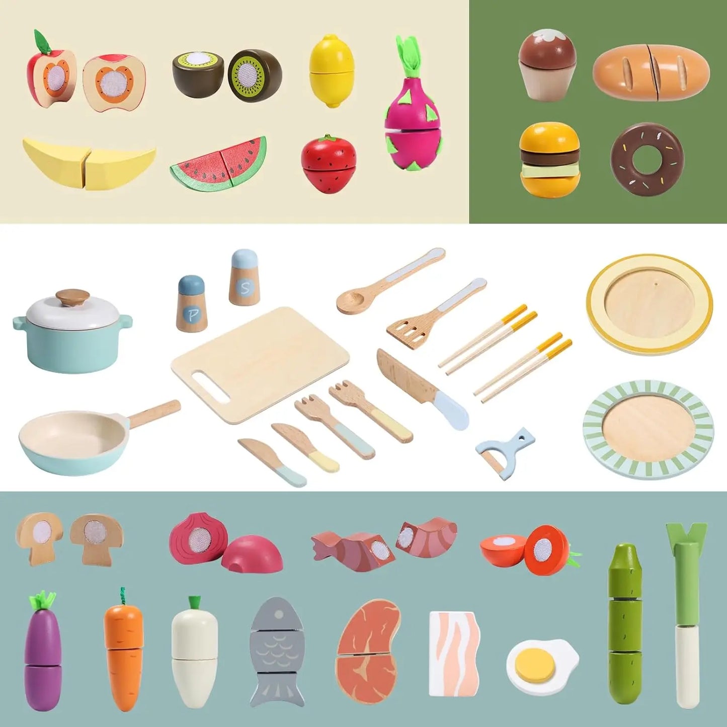 Wooden Play Food Set/Kitchen Accessories, 78PCS