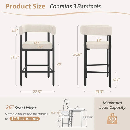 26" Linen Counter Height Barstools, Set of 3