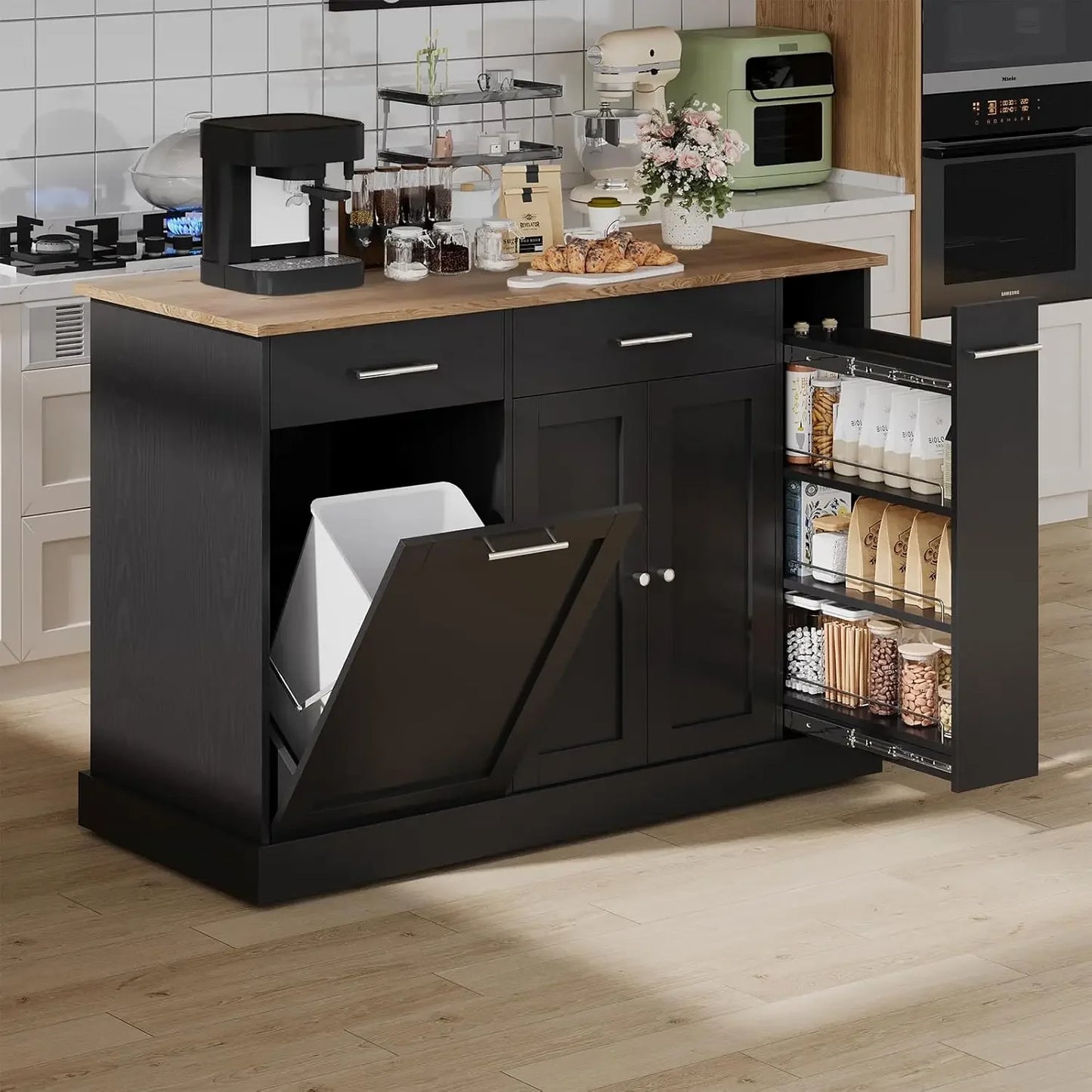 52" Kitchen Island, Trash Can Storage & Pull-Out Spice Rack