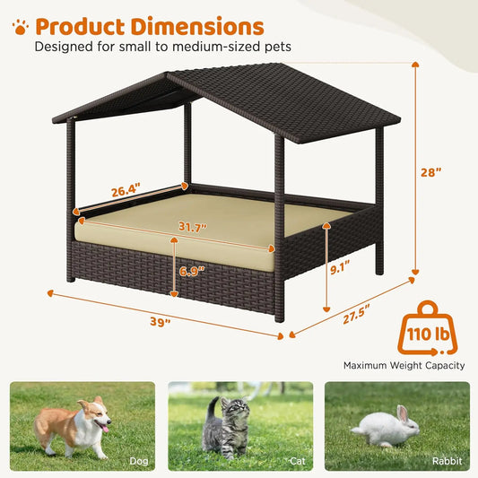 Wicker Dog House Outdoor Indoor with Canopy