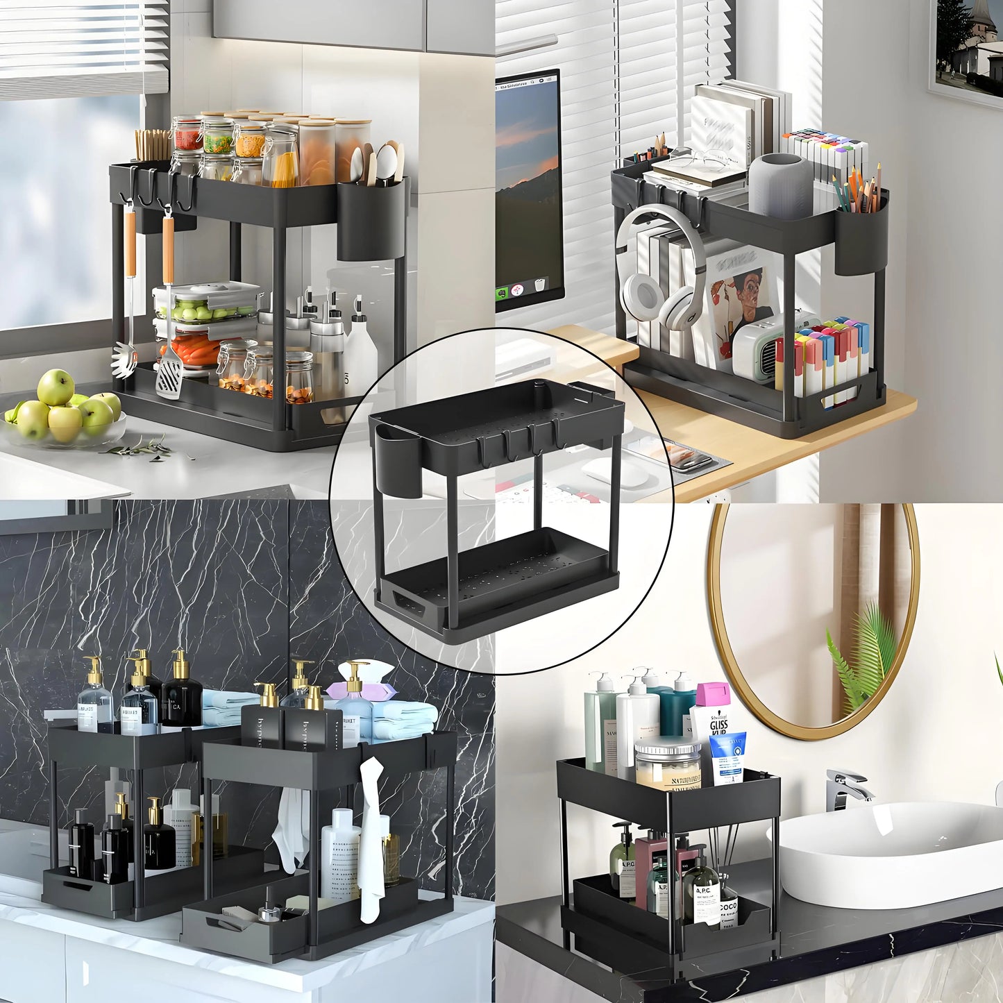 2-Pack Modular Under Sink Shelves - Adjustable Steel Organizer