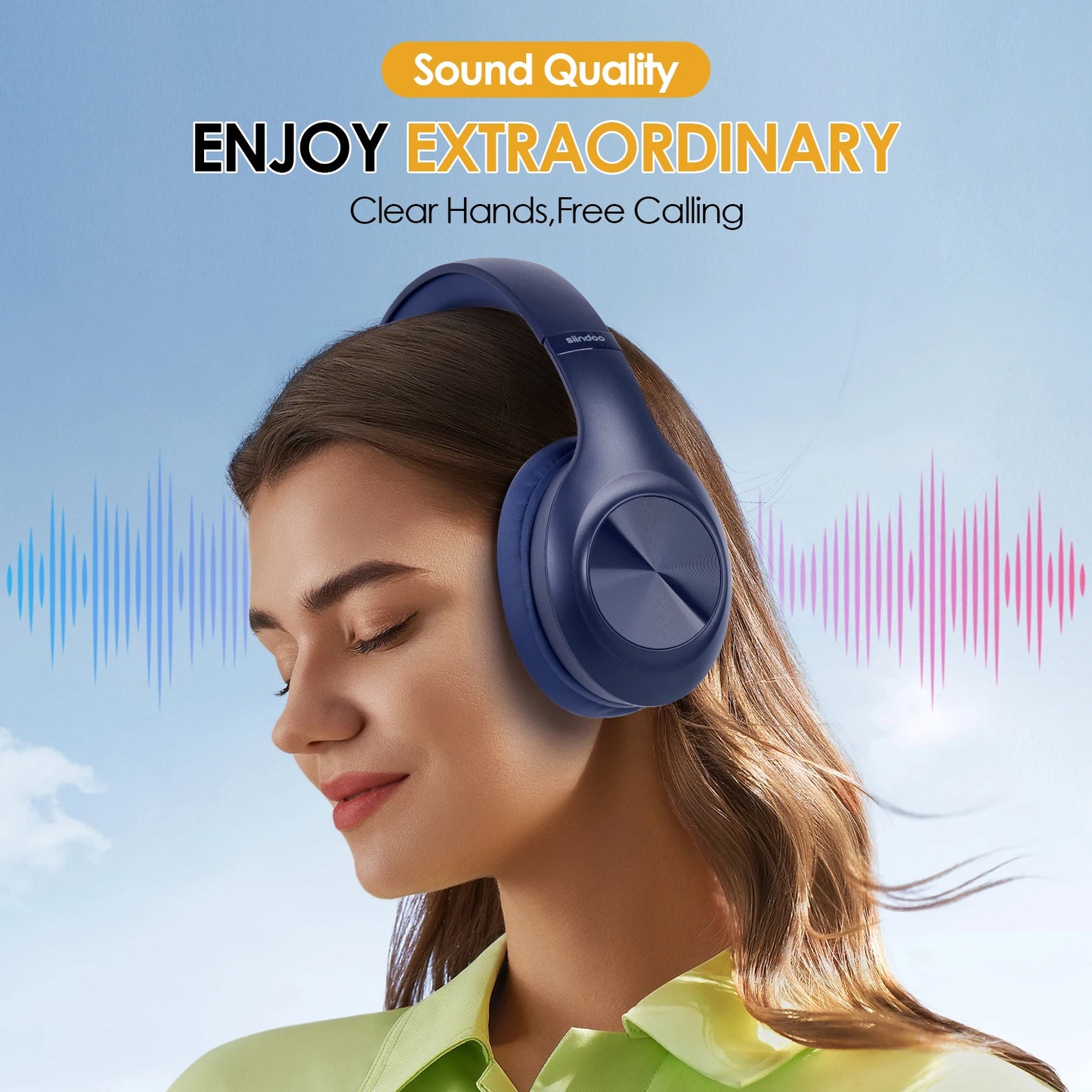 Blue Foldable Over the Ear Bluetooth Headphones with Mic