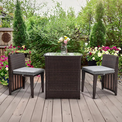 3 PCS Wicker Outdoor Patio Bistro Set with Glass Top