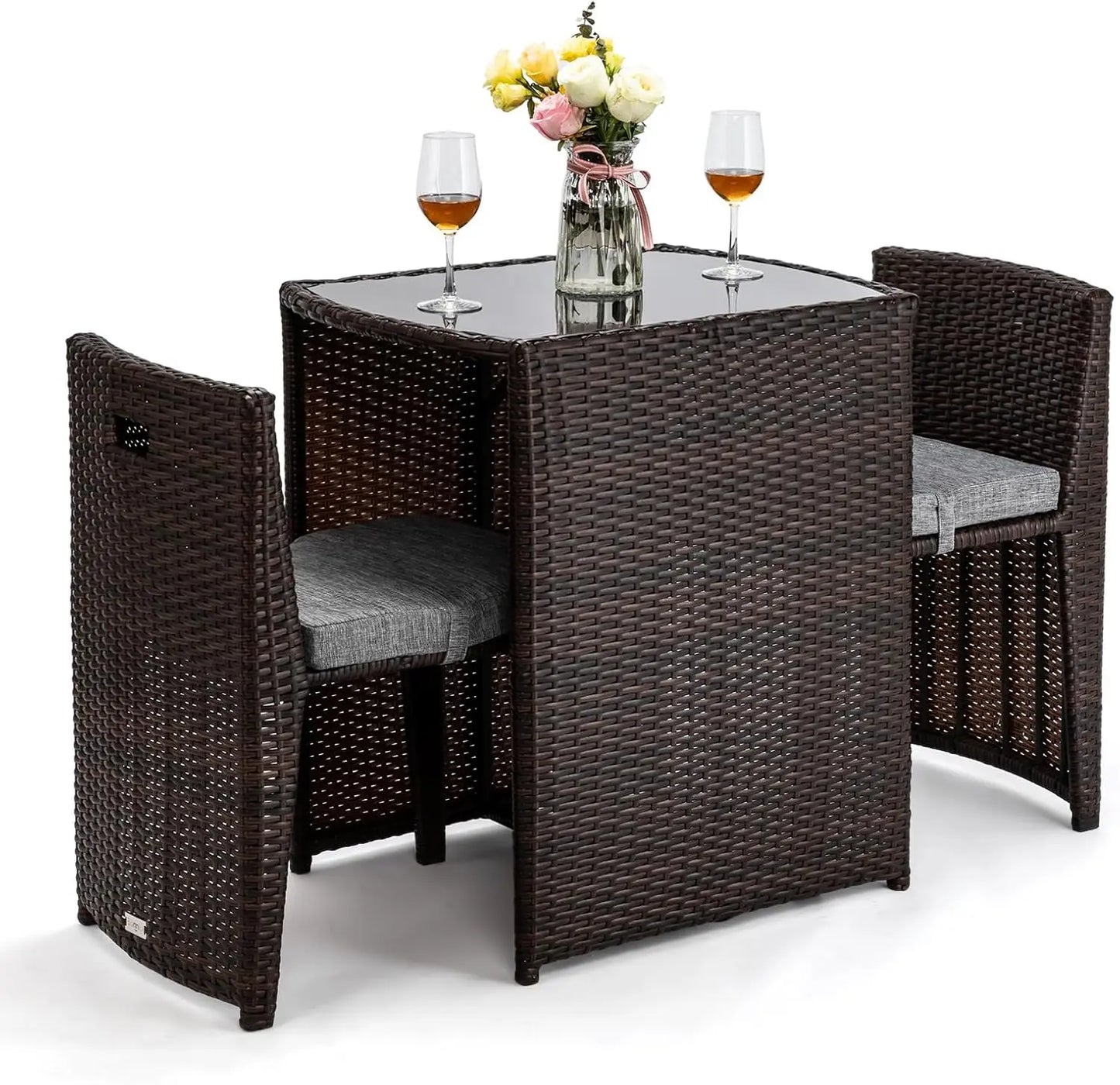 3 PCS Wicker Outdoor Patio Bistro Set with Glass Top
