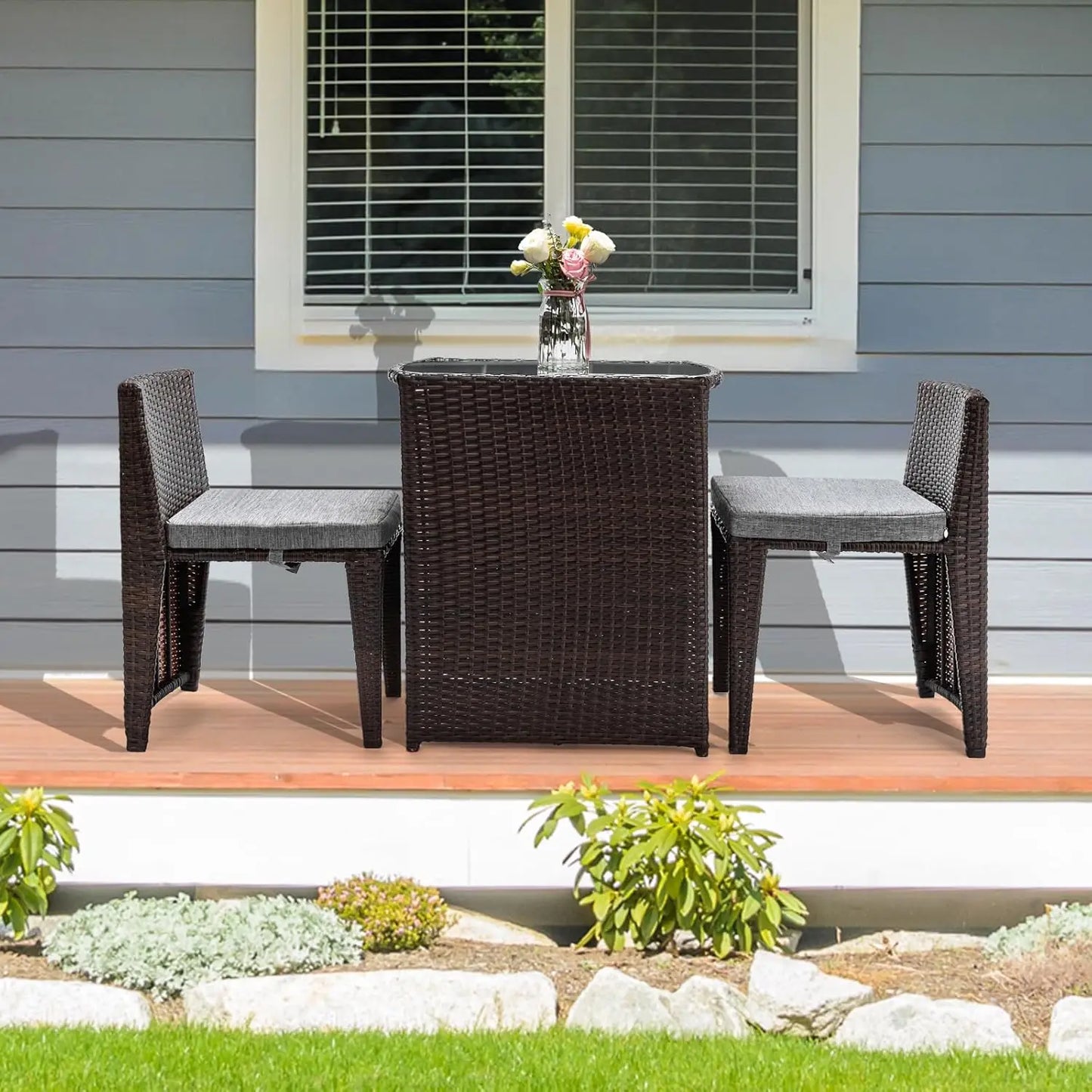 3 PCS Wicker Outdoor Patio Bistro Set with Glass Top