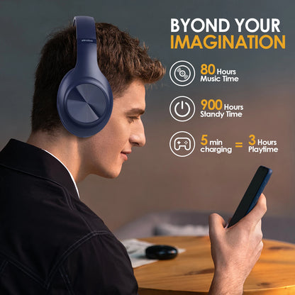 Blue Foldable Over the Ear Bluetooth Headphones with Mic