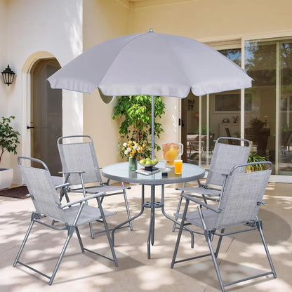 6 Pieces Folding, Garden Patio Furniture Set w/Umbrella,