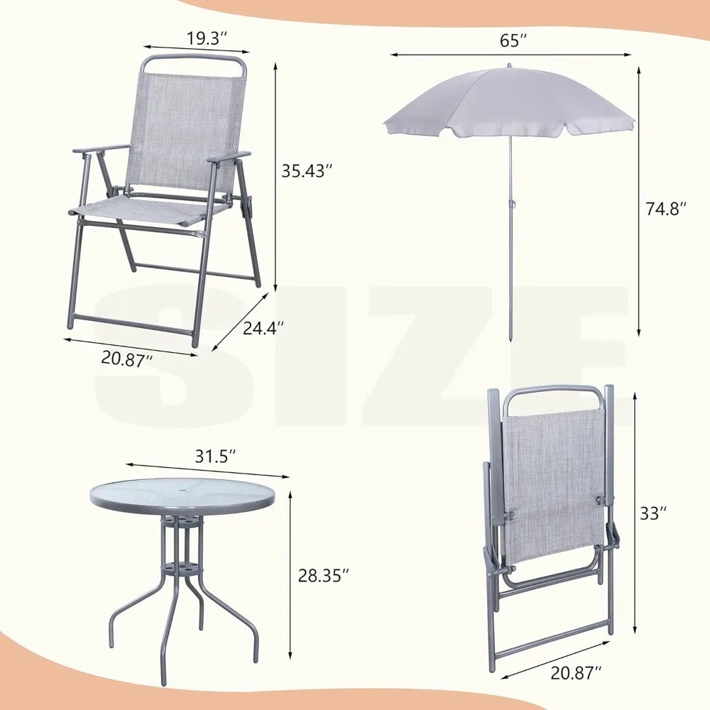6 Pieces Folding, Garden Patio Furniture Set w/Umbrella,