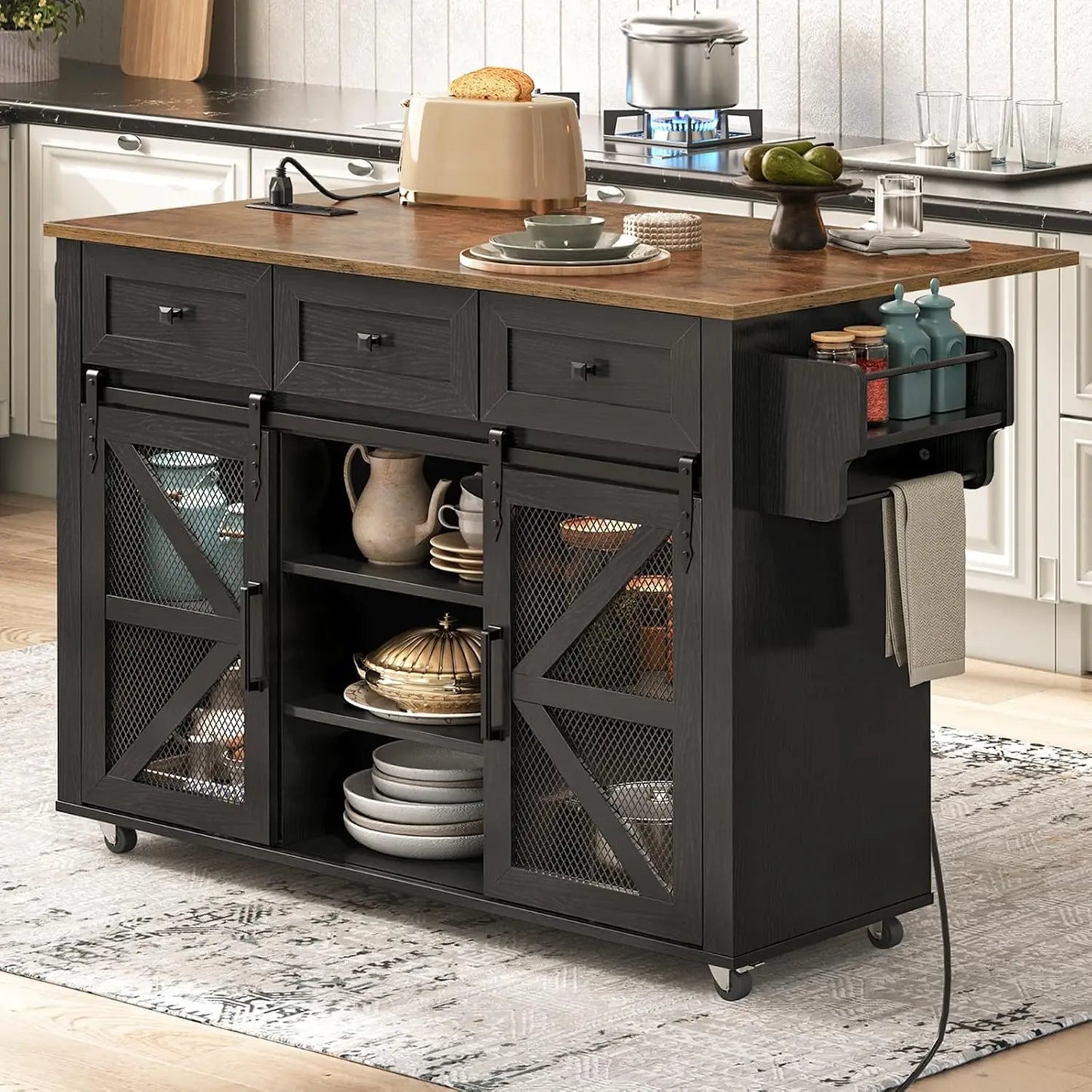 Rolling Kitchen Island - Farmhouse Black/Rustic Brown