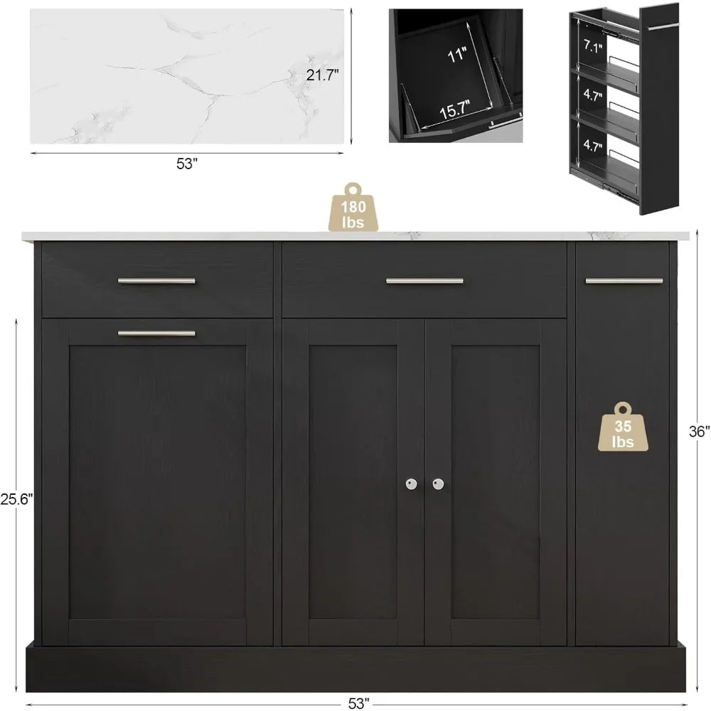 52" Kitchen Island, Trash Can Storage & Pull-Out Spice Rack