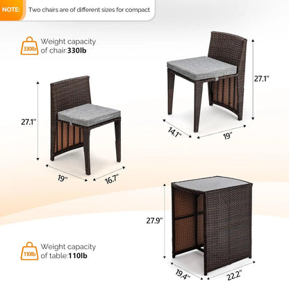 3 PCS Wicker Outdoor Patio Bistro Set with Glass Top