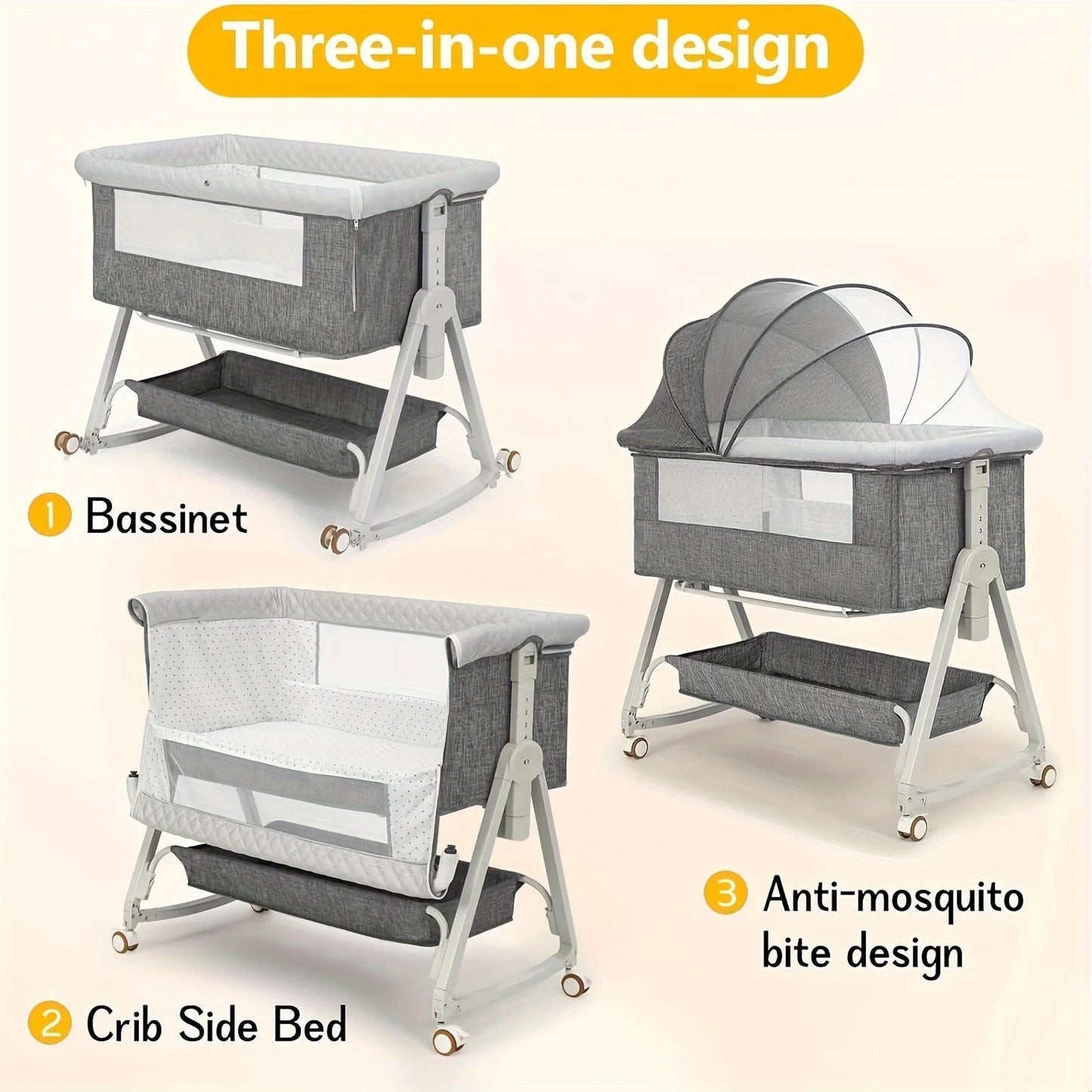 3 in 1 Baby Bassinet Bedside Sleeper with Wheels