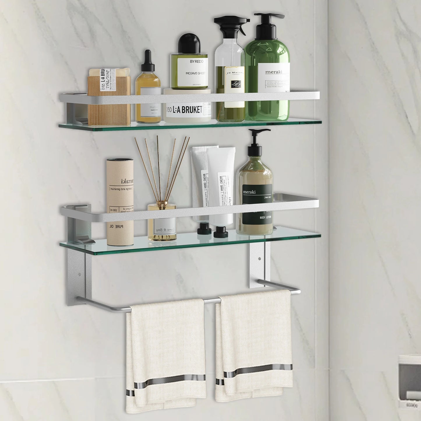 15.7" Glass Bathroom Shelf with Towel Bar Rustproof