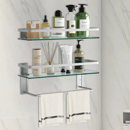 15.7" Glass Bathroom Shelf with Towel Bar Rustproof