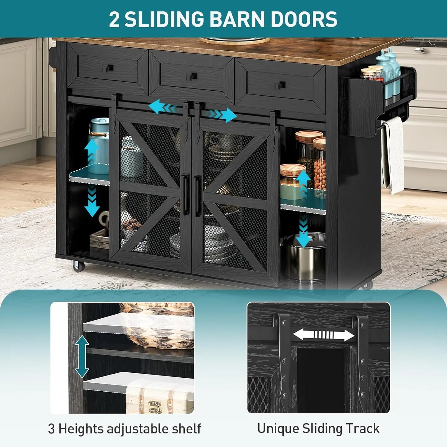 Rolling Kitchen Island - Farmhouse Black/Rustic Brown